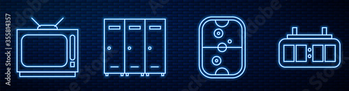 Set line Air hockey table, Retro tv, Locker or changing room, Hockey mechanical scoreboard and Hockey table. Glowing neon icon on brick wall. Vector