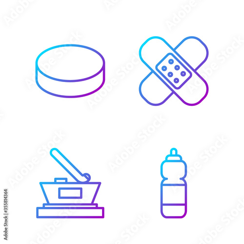 Set line Fitness shaker, Ice hockey cup champion, Hockey puck and Crossed bandage plaster. Gradient color icons. Vector