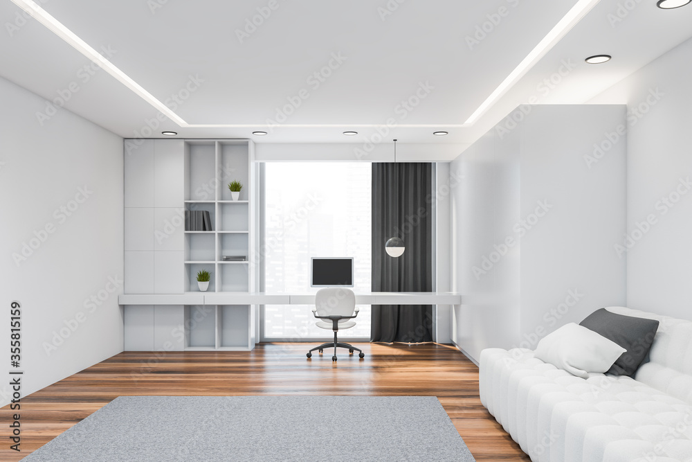 Obraz premium Minimalistic white home office with sofa