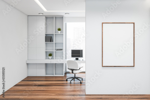 White home office interior with poster