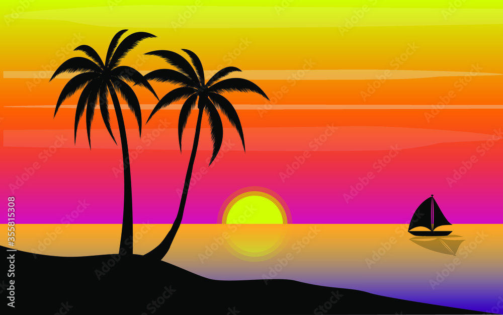 sunset beach with palm trees sea view vector design