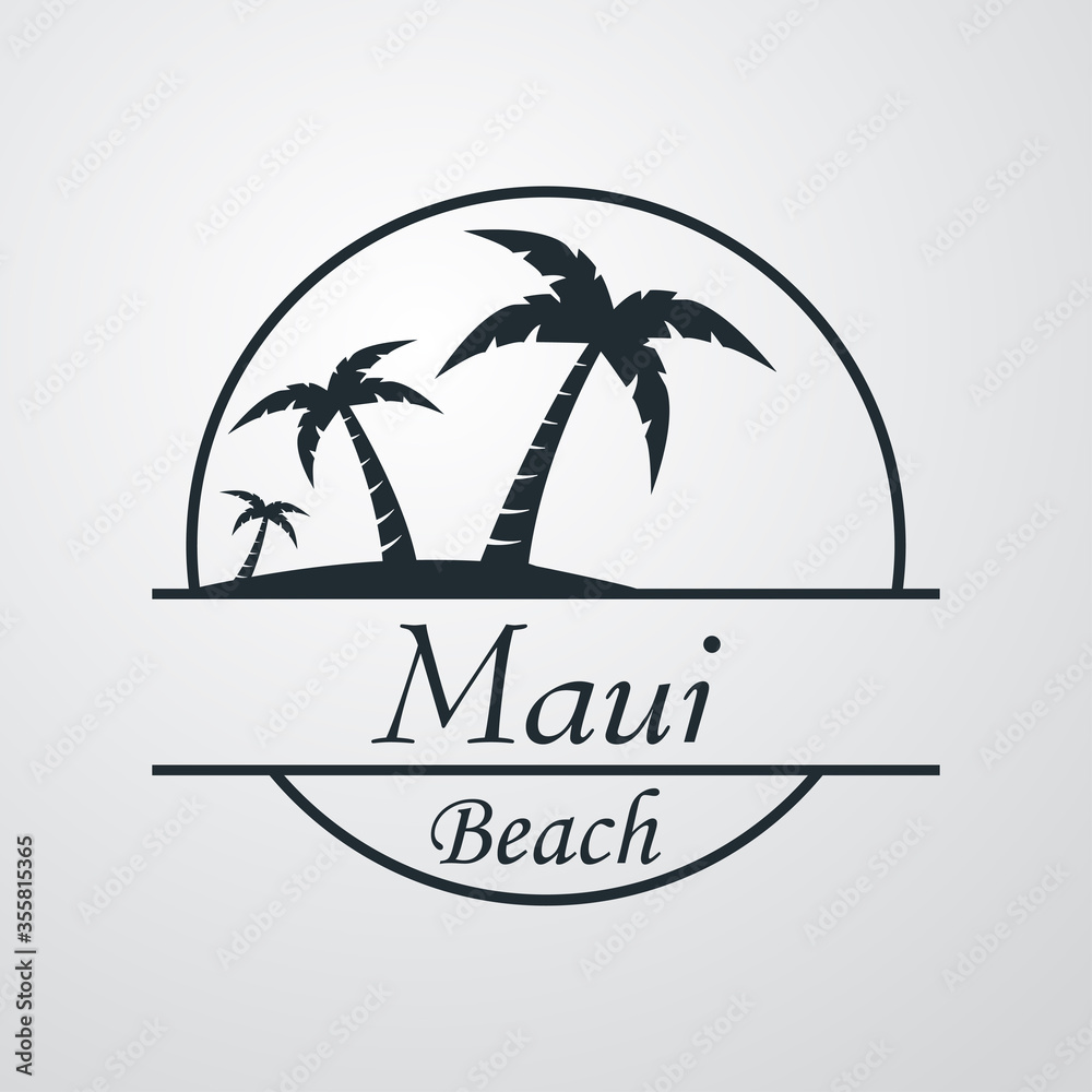 Símbolo destino de vacaciones. Icono plano texto Maui Beach en círculo con playa y palmeras en fondo gris