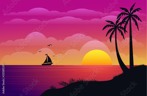 beautiful sunset beach with mountain and palm trees
