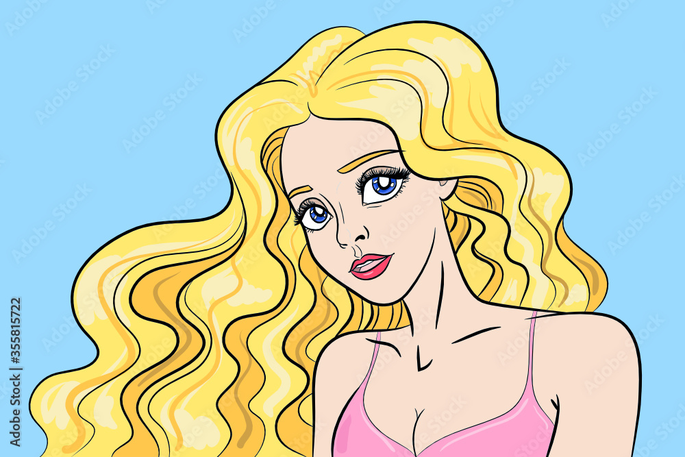 Vector isolated illustration of a beautiful young girl with a curly long hair. Cartoon, comic style. Sexy pretty blond woman. Blue sky, pink bikini bra. Vector isolated illustration of a beautiful young girl with a curly long hair. Cartoon, comic style. Sexy pretty blond woman. Blue sky, pink bikini bra.
