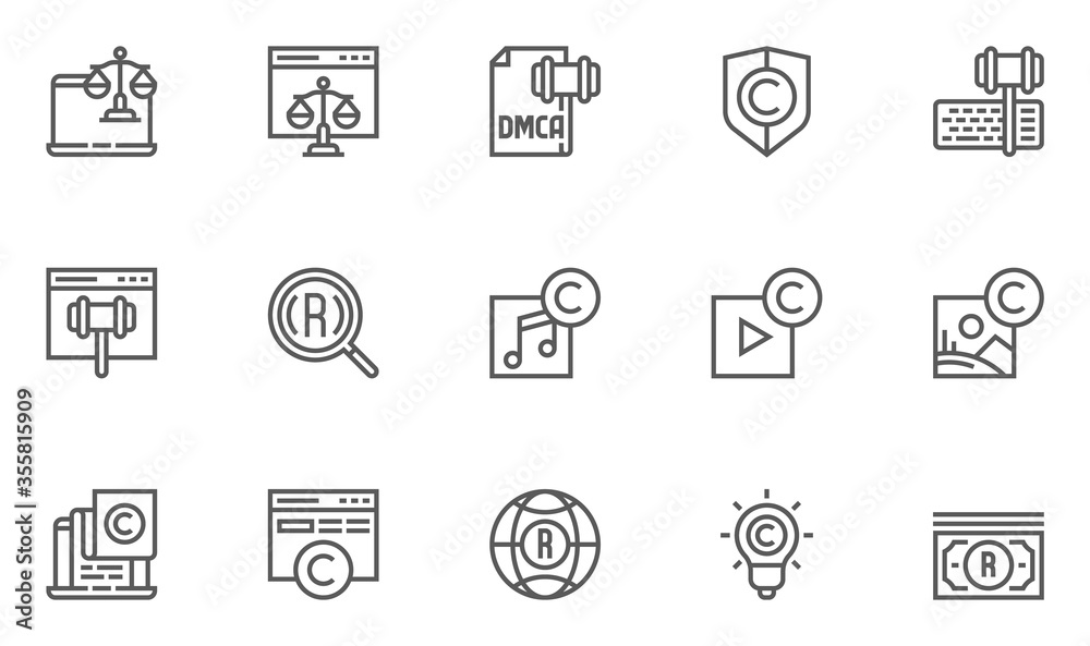 Digital Law, Copyright Vector Flat Line Icons Set. Patent, DMCA Protection and Online Privacy. Editable Stroke. 48x48 Pixel Perfect.