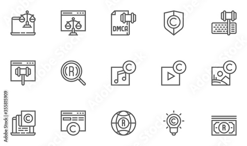 Digital Law, Copyright Vector Flat Line Icons Set. Patent, DMCA Protection and Online Privacy. Editable Stroke. 48x48 Pixel Perfect.