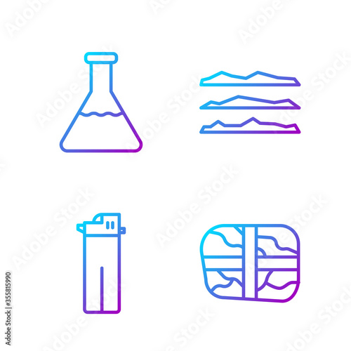 Set line Package with cocaine, Lighter, Test tube and flask and Cocaine or heroin drug. Gradient color icons. Vector