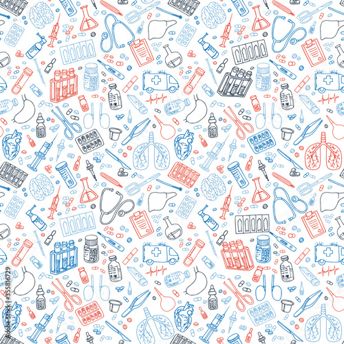 Medicine doodle. Hand drawn vector seamless pattern