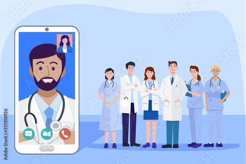 Digital health concept, Illustration of doctors and nurse using a smart phone for consulting patient online, Vector