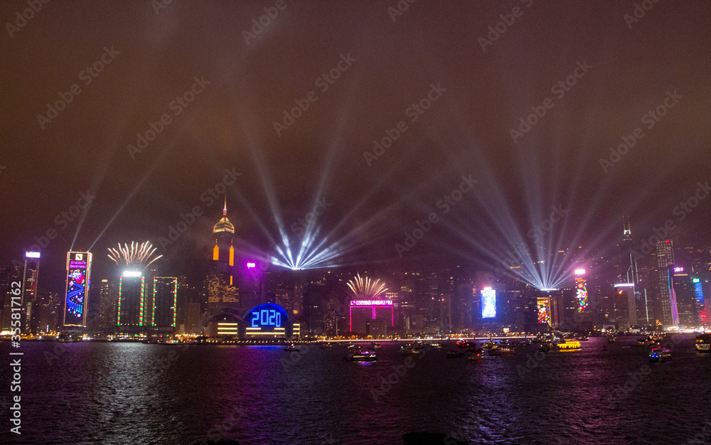 New Year celebrations 2020 Hong Kong lights and fireworks across Victoria Harbour