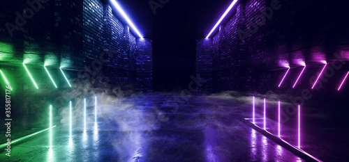 Smoke Fog Neon Glowing Laser Blue Green Purple Beams Pillars Concrete Grunge Tiled Floor Alien Spaceship Cyber Tunnel Corridor Dark NIght Warehouse 3D Rendering