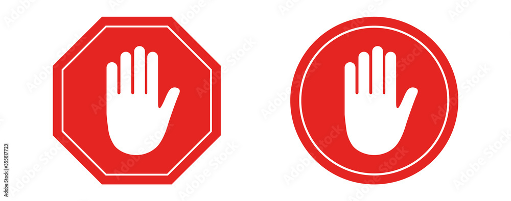 Stop sign. Red prohibition sign with a human hand in the shape of an octagon and circle. Stopping a hand gesture, not entering, is dangerous. Vector illustration isolated on white background.