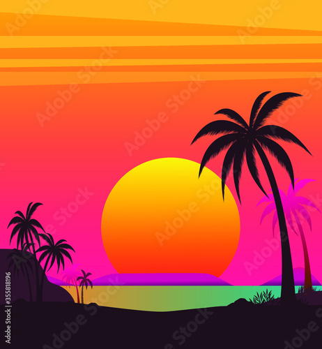 Beautiful sunset beach with palm trees sea view vector design