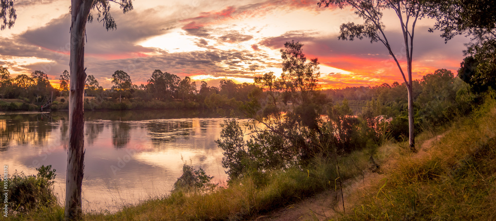 Panoramic River Sunset with Reflections - obrazy, fototapety, plakaty 