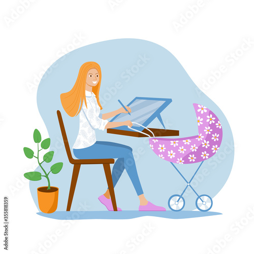 Young mom freelancer works on a graphics tablet and babysit a baby in a pram. Woman designer draws. Concept of work from home and remote work. 