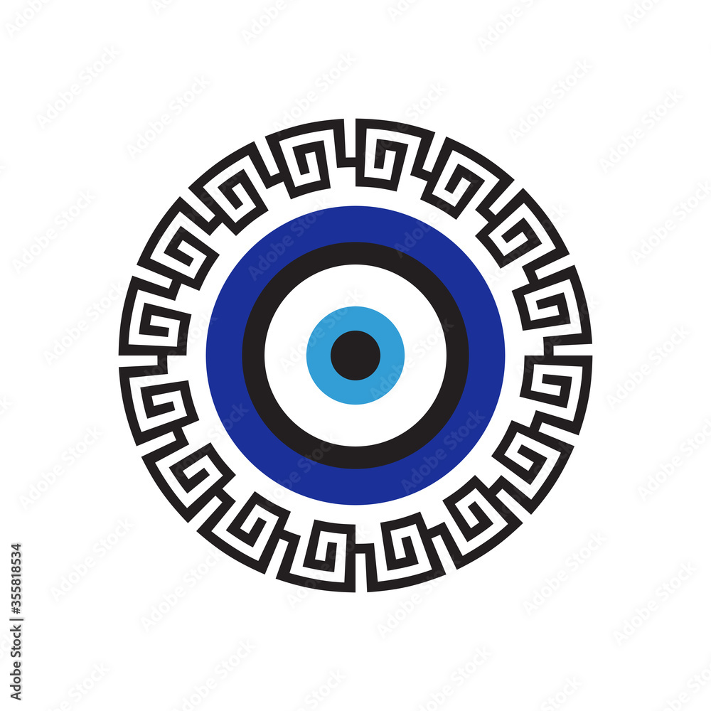 Greek evil eye. Protection symbol. Vector. Greek meander. Folklore  talisman. Mediterranean amulet. Stock Vector