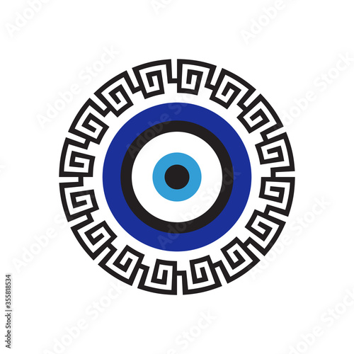 Greek evil eye. Protection symbol. Vector. Greek meander. Folklore talisman. Mediterranean amulet.