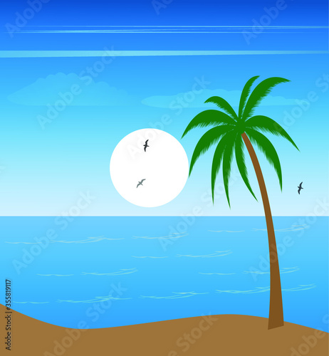 beautiful view of sandy beach and a palm tree and blueish sunrise background 