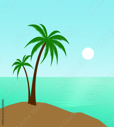 beautiful view of sandy beach and a palm tree and blueish sunrise background 