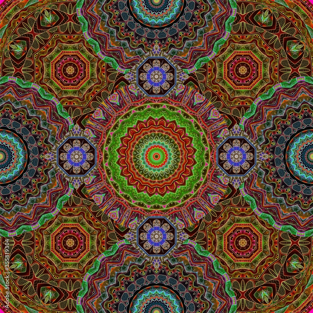 Beautiful seamless pattern with bright mandalas in ethnic style. Print for fabric, square carpet, fashion scarf. Beautiful seamless pattern with bright mandalas in ethnic style. Print for fabric, square carpet, fashion scarf.