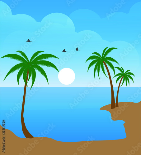beautiful view of sandy beach and a palm tree and blueish sunrise background 