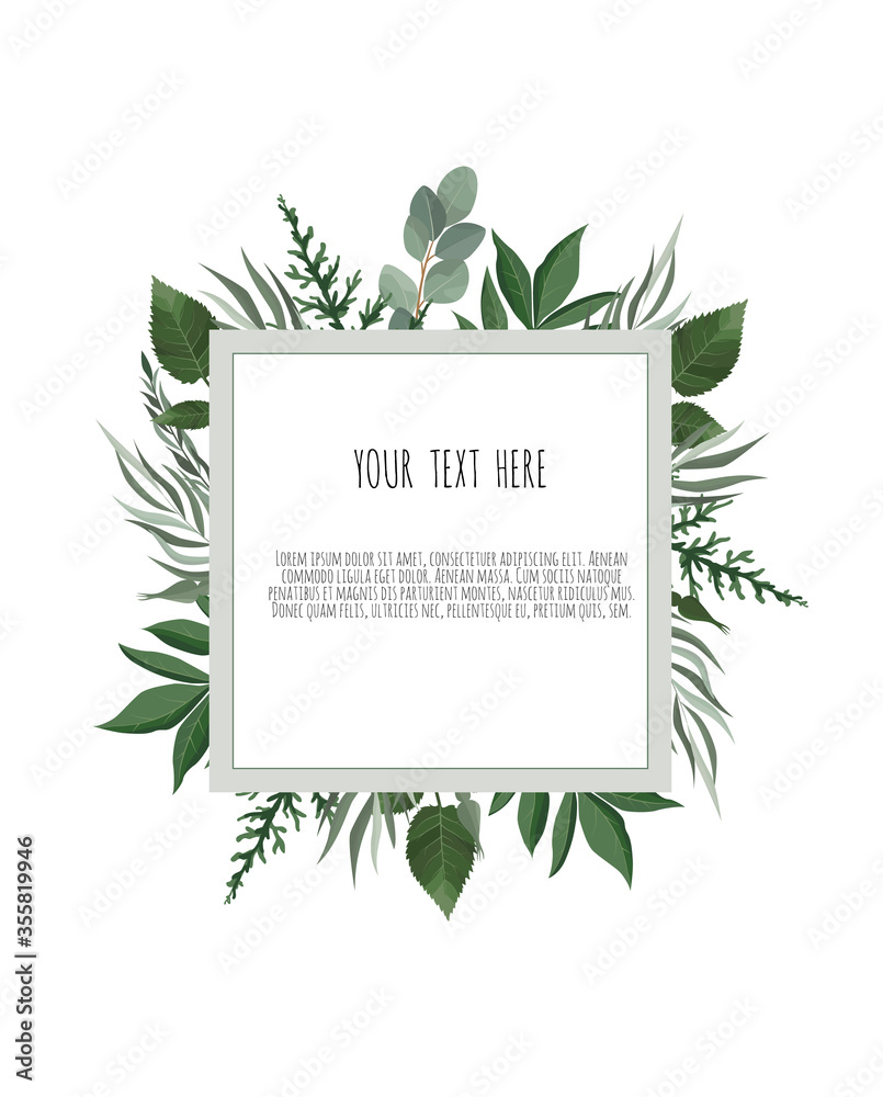 Vector floral design card. Greeting, postcard wedding invite template. Elegant frame with green leaves