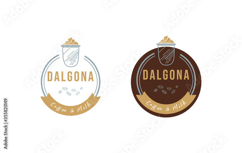 dalgona coffee drink logo with cream, glass,coffee bean in trendy minimal line cartoon illustration