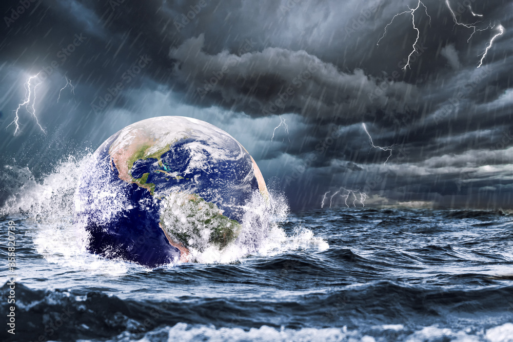 Earth flooded during a sea storm. Extreme weather and climate change concept (Earth photo by NASA) - obrazy, fototapety, plakaty 