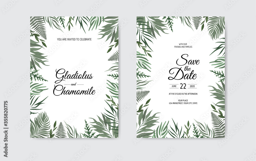 Botanical wedding invitation card template design, white and green leaves on white background.