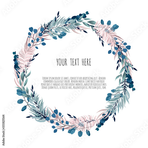 Floral wreath with blue eucalyptus leaves. Frame border with copy space. photo