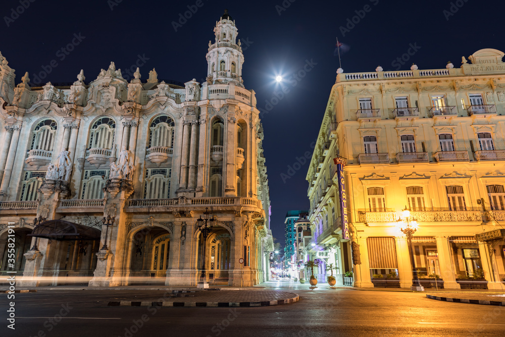 Central Havana theatre and hotel by night
