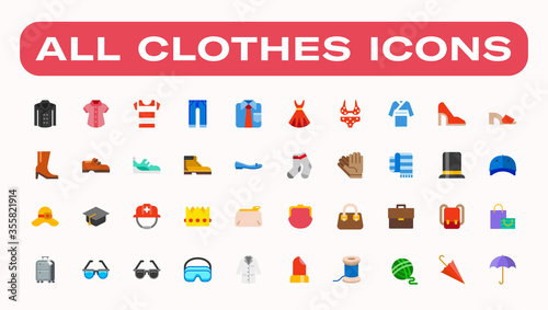 Men and women clothes vector icon set. Isolated all clothes, apparels, wears and accessories cartoon, flat style illustrations collection