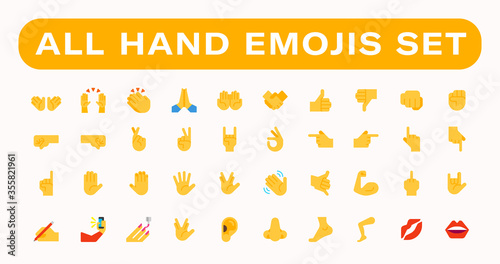 All type of hand emojis, gestures, stickers, emoticons flat vector illustration symbols set, collection. Hands, handshakes, muscle, finger, fist, direction, like, unlike, fingers collection