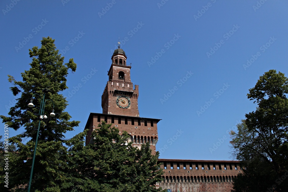 Italy, Milan: Detail of Sforzesco Castle tower.
