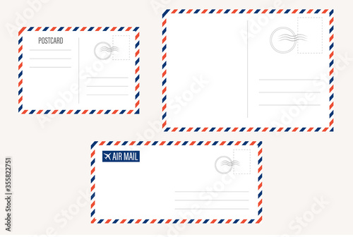 air mail letter vector. post stamp. airmail frame postcard. blue red stripes pattern. mockup template envelope. on white background. retro vintage blank message. world international label