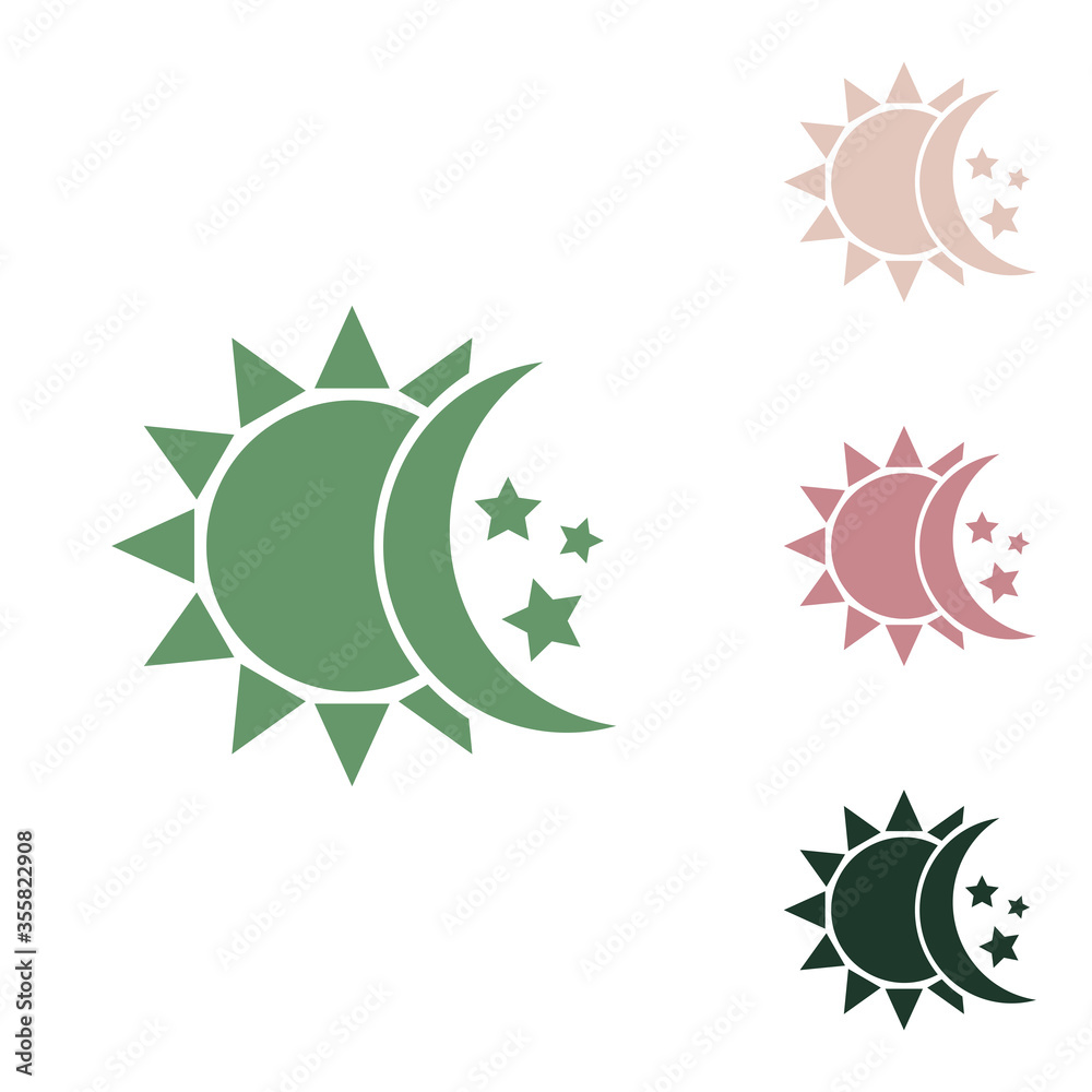 Obraz premium Sun, moon, stars sign. Russian green icon with small jungle green, puce and desert sand ones on white background. Illustration.