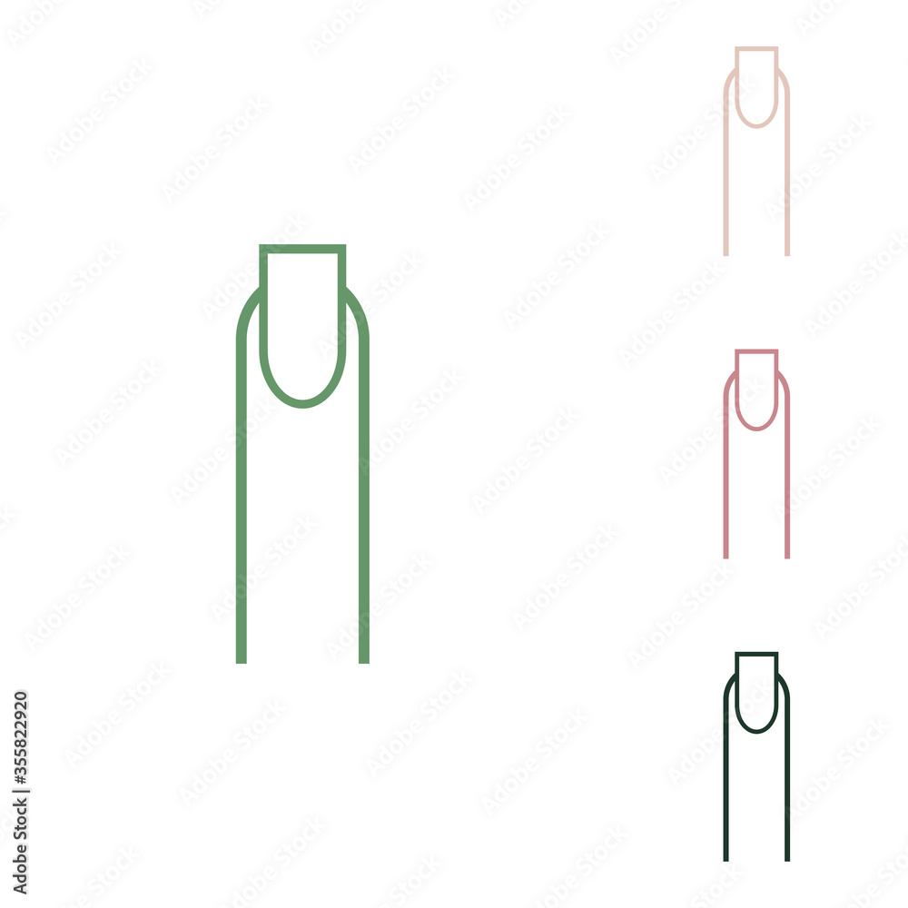 Hand with extended pointing finger sign. Russian green icon with small jungle green, puce and desert sand ones on white background. Illustration.