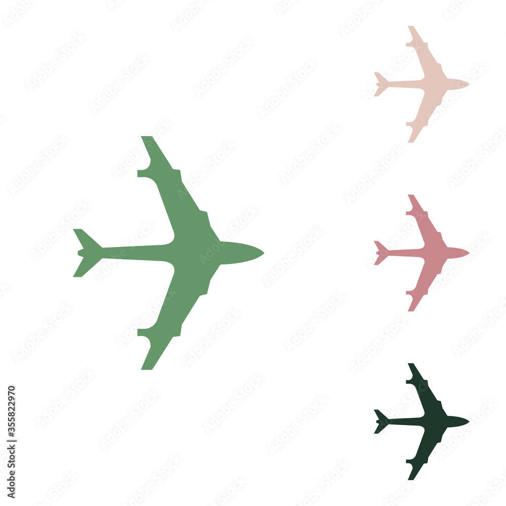 Plane sign. Russian green icon with small jungle green, puce and desert sand ones on white background. Illustration.