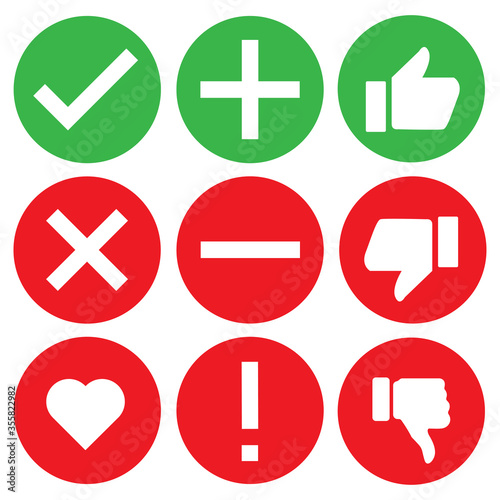 check icon mark sign set vector illustration. stock correct checklist box. tick heart x ok true cancel list.  green and red on white background isolated. line graphic symbol done verify ok plus.
