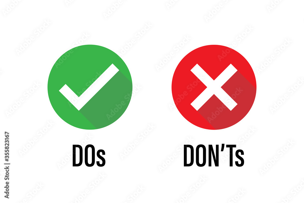 do dont icon. good true dos and bad false donts. like unlike error. green red circles on white backgrounds. okay fail sign. ok negative incorrect correct. social accept. approved positive.