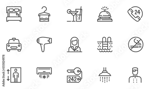 Hotel vector line icons set. Toiletries, air conditioning, lobby boy, large bed. Editable stroke. 48x48 Pixel Perfect.
