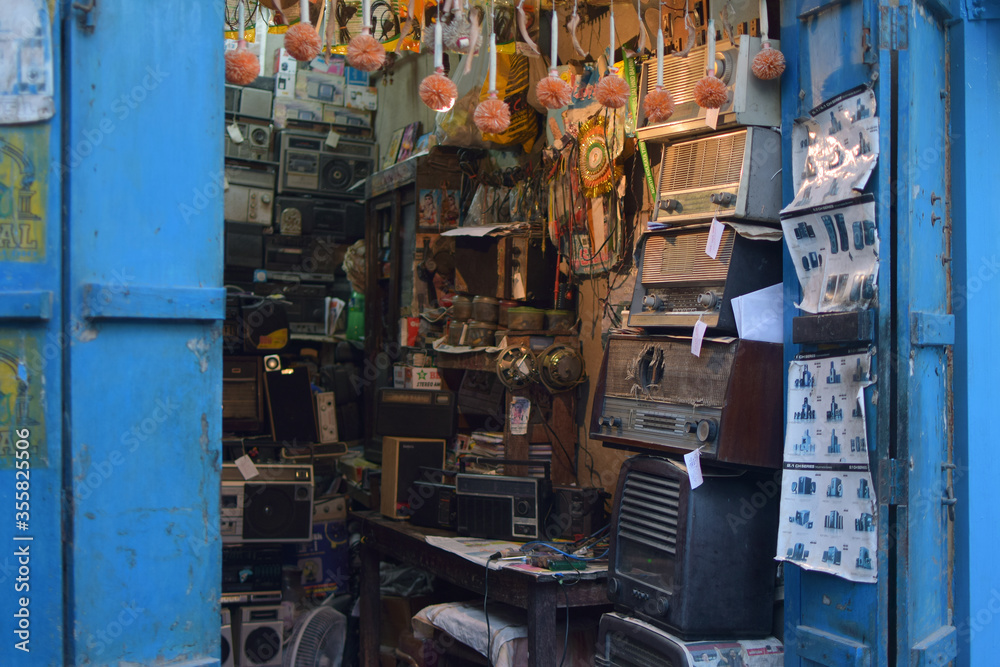 In India a radio mechanic store that stores vintage radios and musical parts.  Absolutely rare collections. Stock Photo | Adobe Stock