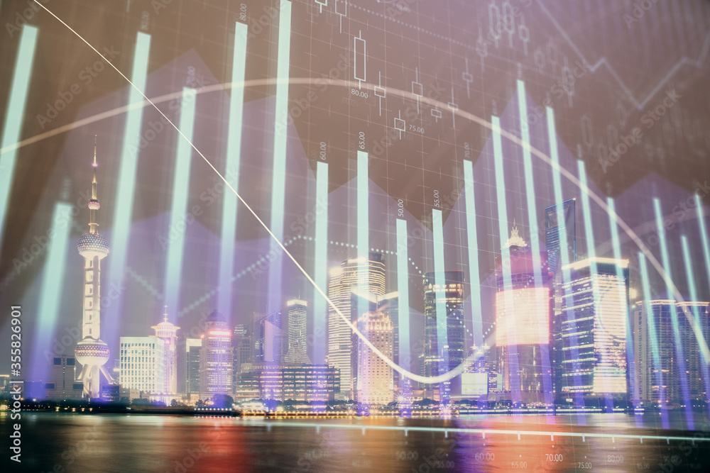 Financial graph on night city scape with tall buildings background double exposure. Analysis concept. Financial graph on night city scape with tall buildings background double exposure. Analysis concept.