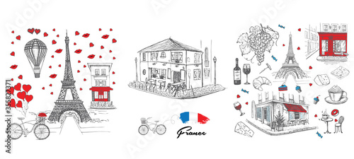 Set of hand drawn French icons, Paris sketch illustration