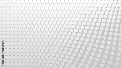 Abstract geometric background of extruded small white hexagons falling apart from lower right corner, 3D render illustration
