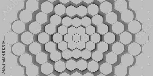 Abstract geometric background of extruded grey hexagons, 3D render illustration