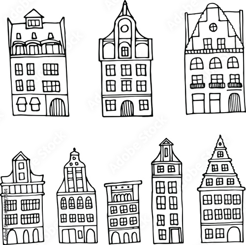 Europe House Vintage Building Village Town Facade Cartoon Vector Illustration Doodle Elements Outline Monochrome Isolated White Background Collection Set