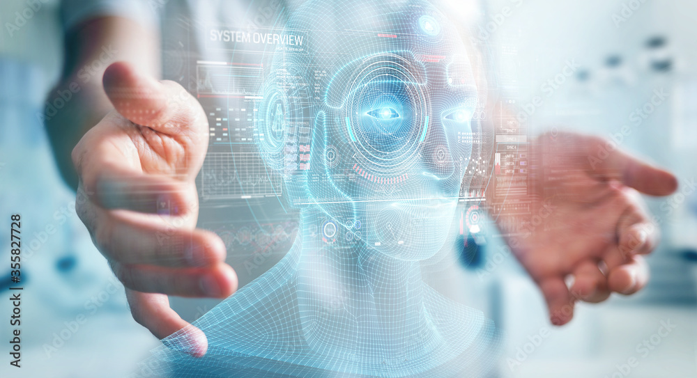 Businessman using digital artificial intelligence head interface 3D rendering Businessman using digital artificial intelligence head interface 3D rendering