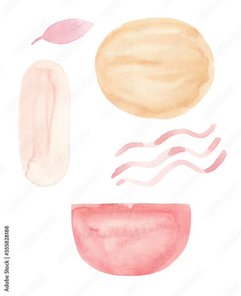 Fototapeta premium Watercolor set of abstract aesthetic forms, brush strokes. Elements of hand painted pastel colors, natural forms isolated on white. Perfect for cards and wedding invitations