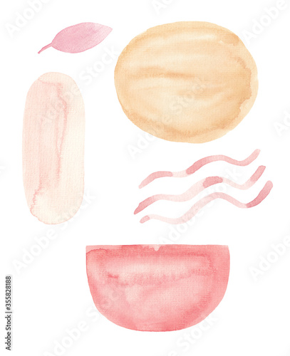 Watercolor set of abstract aesthetic forms, brush strokes. Elements of hand painted pastel colors, natural forms isolated on white. Perfect for cards and wedding invitations